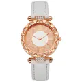 Damenquarzuhr in Roségold mit Strasssteinen und weißem Lederarmband vor weißem Hintergrund - Weiß