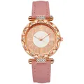 Elegant rose gold rhinestone watch with pink leather strap and roman numeral dial - Pink