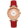 Close-up of rose gold watch face with rhinestones, Roman numerals and red suede strap - Red