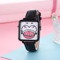 Detail of cartoon monkey dial and black leather strap on a square quartz watch - Pattern 1 (White Monkey)