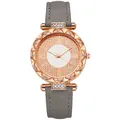 Detail of rose gold petal bezel watch with crystal-encrusted dial and grey leather strap - Gray
