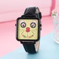Detail of square quartz watch with a cute cartoon mouse dial and black leather strap - Pattern 3 (Yellow Mouse)