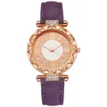 Details des roségoldenen Gehäuses mit Kristalllünette und lila Wildlederarmband - Lila
