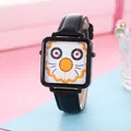 Detail of square quartz watch with owl pattern dial and black leather strap - Pattern 4 (Owl)
