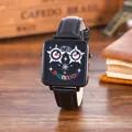 Close-up of square black quartz watch with creative owl dial and leather strap - Owl Colorful Letters (3)