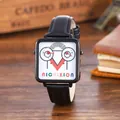 Detail shot of a square quartz watch with cartoon dial and black leather strap - Personified Cartoon Eyes (4)