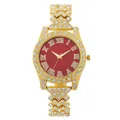Dettaglio macro del cinturino dorato con strass e quadrante rosso con numeri romani - Cassa Oro Rosso