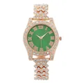 Macro detail of luxury women watch with green dial and rhinestones on rose gold band - Rose Gold Case Green Dial