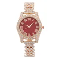 Close-up of rose gold watch with dark red roman dial and sparkling rhinestones - Rose Gold Case Red Dial