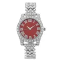 Macro shot of luxury women's watch with red dial, Roman numerals and rhinestone strap - Silver Case Red Dial