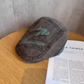 Detail of vintage washed canvas beret with Boston embroidery and blue patchwork - M (55-59cm) / Coffee