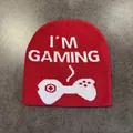 Detailed knit texture of red beanie featuring I'M GAMING slogan and controller pattern - M (54-58cm) / Red