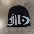 Black beanie with white gothic stars and moon knit patterns in soft acrylic fiber - M / Black and Gray Lettering