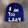 Detailed view of dark blue knit beanie featuring white I AM Too LAZY slogan embroidery - M (52-58cm) / Navy Blue