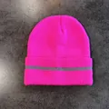 Close-up of neon pink knit beanie featuring reflective safety stripe on the folded cuff - M (52-58cm) / Rose Red