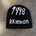 Close-up of knit texture on 1998 RKlemon black beanie with white jacquard lettering - M / Black