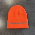 Close-up of bright orange knitted beanie featuring a grey safety reflective strip on cuff - M (52-58cm) / Orange