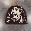 Macro detail of high-quality knit texture and retro pop art portrait on a warm winter beanie - M / Coffee