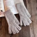 Close-up of deep taupe long-plush knit gloves featuring fuzzy mohair texture and warmth - One Size / Light Coffee