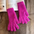 Detail of rose pink thick knit gloves with fluffy rabbit fur texture on a wooden desk - One Size / Rose Red