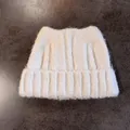 Close-up of cream-white knit cat ear beanie showing fuzzy plush texture and ribbed brim - M (55-59cm) / Beige