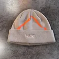 Detail of grey knitted beanie featuring orange mountain embroidery and letter stitching - M (55-59cm) / Khaki