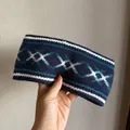 Detailed knit texture of navy blue ethnic jacquard headband with geometric patterns - Navy Blue