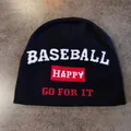 Detailed close-up of a black knit beanie with BASEBALL and HAPPY jacquard patterns - M (52-59cm) / Black