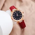 Reloj de cuarzo para mujer con correa de ante rojo y caja de oro rosa con esfera estrellada - Rojo