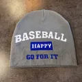 Detail of grey knitted beanie featuring BASEBALL HAPPY GO FOR IT jacquard text design - M (52-59cm) / Gray