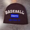 Detailed knit texture of a dark purple beanie featuring baseball and happy jacquard text - M (52-59cm) / Coffee