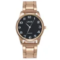 Gros plan d'une montre à quartz en acier or rose avec cadran noir et chiffres blancs - Boîtier Or Rose Cadran Noir Homme