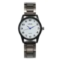 Dettaglio orologio al quarzo con lancette blu e cinturino in metallo scuro - Cassa Canna di Fucile Quadrante Nero Donna