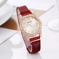Women's quartz watch with red magnetic mesh band and rhinestone encrusted star dial - Red