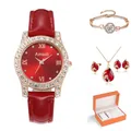 Luxury women's quartz watch set with red strap, jewelry pieces and elegant gift box - Set Including Gift Box / Red