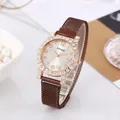 Women's quartz watch with sparkling rhinestone bezel and magnetic rose gold mesh strap - Coffee