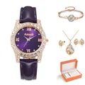 Coffret cadeau montre en cuir violet et bijoux or rose avec un élégant écrin orange - Ensemble Avec Boîte Cadeau / Violet
