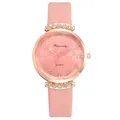 Detailed view of women's pink quartz watch with diamond-studded bezel and leather strap - Earth Pattern Pink