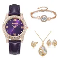 Coffret détaillé montre en cuir violet et parure de bijoux étincelants pour femmes - Ensemble Sans Boîte Cadeau / Violet