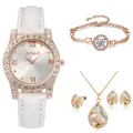 Détail d'un coffret montre femme avec collier en cristal, bracelet, bague et boucles - Ensemble Sans Boîte Cadeau / Blanc