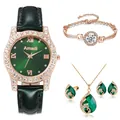 Détails du coffret avec montre à quartz vert foncé, collier en cristal, boucles et bracelet - Ensemble Sans Boîte Cadeau / Vert