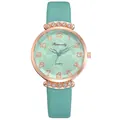 Detail view of mint green leather strap and sparkling crystal lugs on rose gold watch - Earth Pattern Green