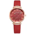 Detail showing the red leather strap texture and rose gold diamond-encrusted watch case - Earth Pattern Red