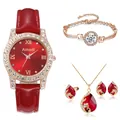 Détail coffret montre femme de luxe avec bracelet cuir rouge et pendentifs rubis - Ensemble Sans Boîte Cadeau / Rouge
