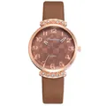 Detail of a brown leather strap watch with rose gold case and sparkling rhinestones - Earth Pattern Dark Brown