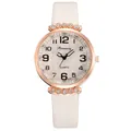 Detailed macro view of white leather watch strap and rose gold rhinestone-studded lugs - Wave Pattern White