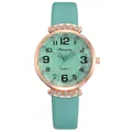 Macro view of mint green leather strap and rose gold rhinestone-encrusted watch case - Wave Pattern Green