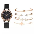 Women's quartz watch and bracelet 5-piece set featuring rose gold and black starry dial - Watch And Bracelet / Black