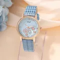 Elegant women's watch with blue floral dial and houndstooth strap in a professional shot - Blue