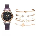 Women's starry sky quartz watch set with four rose gold bracelets on white background - Watch And Bracelet / Purple